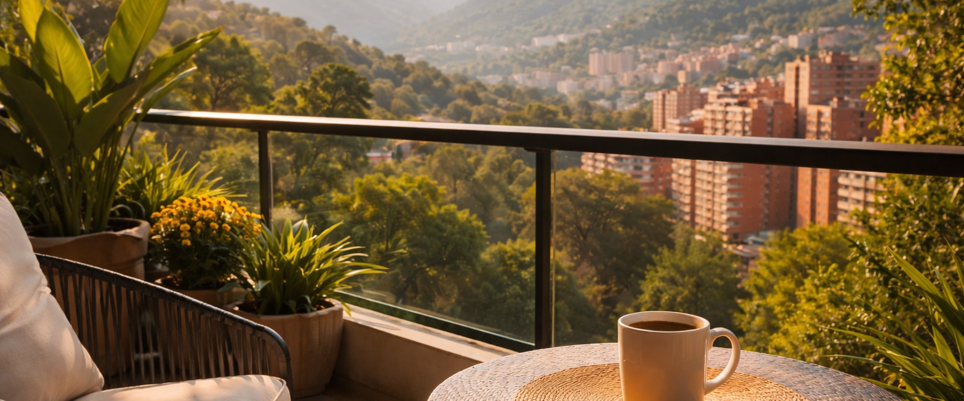 Morning coffee on an apartment balcony overlooking Medellín's green valley and mountains