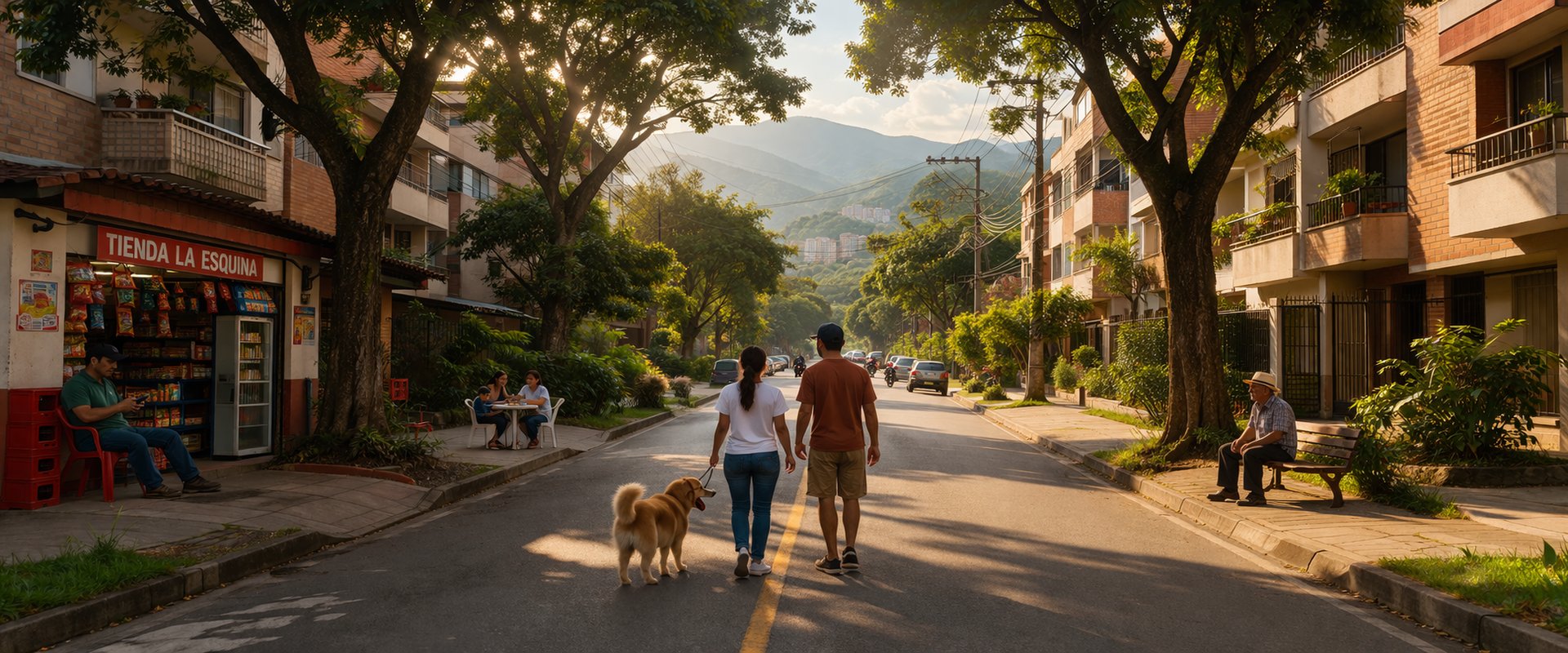 Tree-lined residential street in a Medellín neighborhood with locals walking